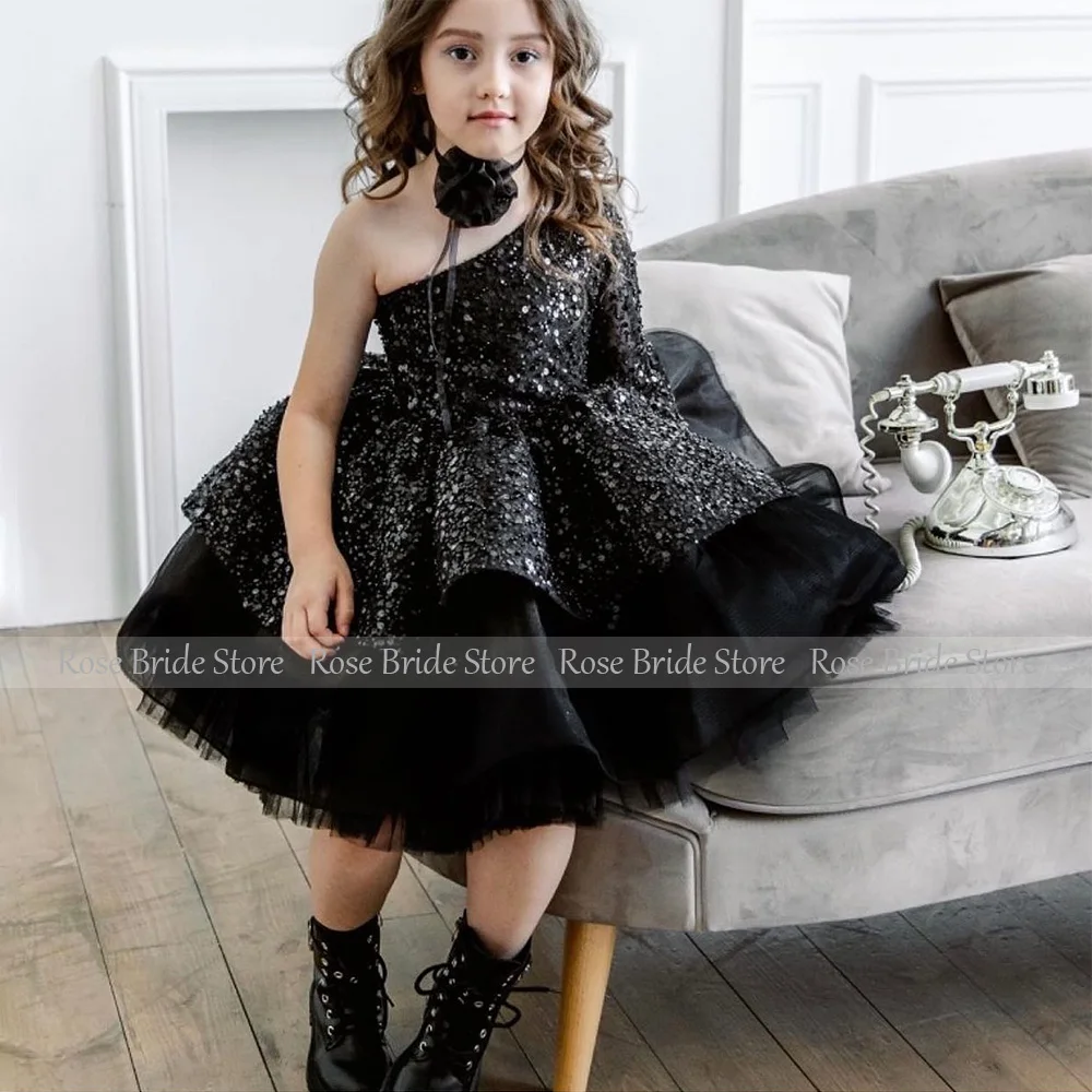 Black Party Dresses for Girls Ball gown One Shoulder Long Sleeve Flower  Dress Short Sequined Beaded Luxury flower  Gown