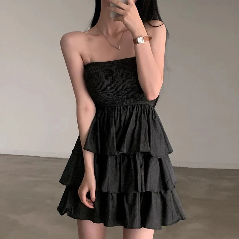 シックなレトロワンショルダー弾性痩身ソリッドカラースプライスケーキスカートスタイルの女性のドレス韓国ハイウエストショートスカート