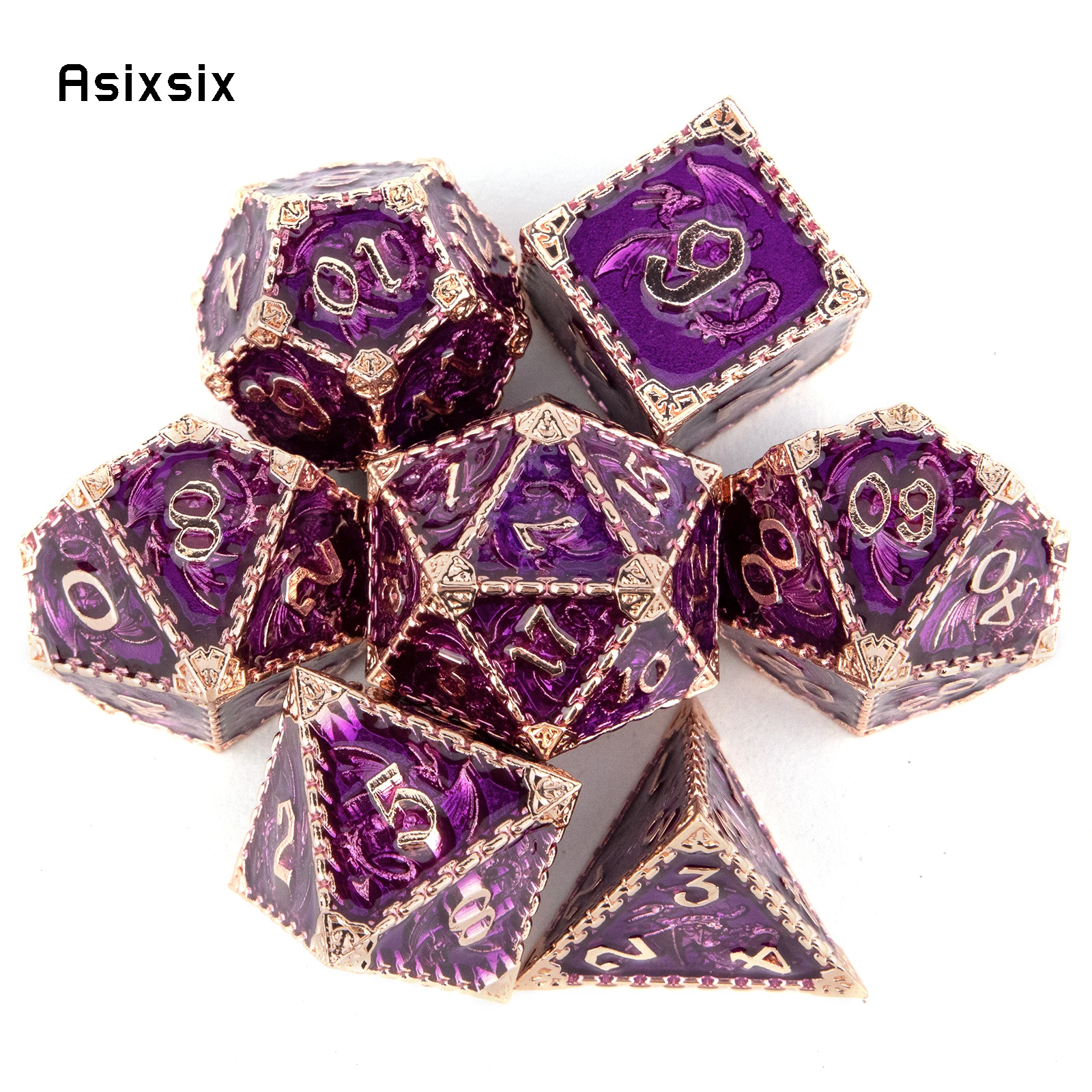 7 Pcs Purple Dragon Metal Dice Solid Metal Polyhedral Dice Set Suitable for Role-Playing RPG  Board Game Card Game