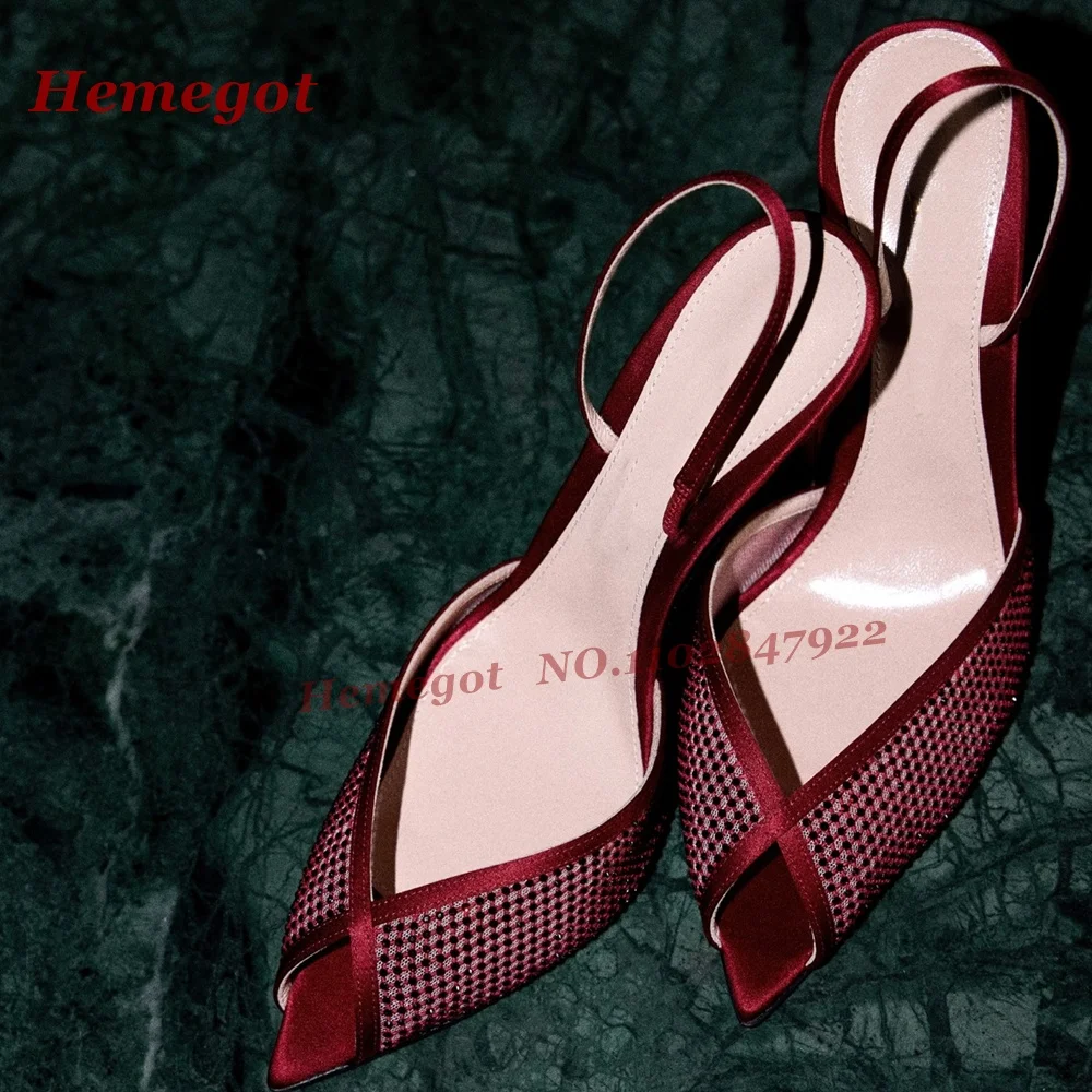 

Women's Burgundy Satin Mesh Slingback Heels Pointed Toe Peep Toe Stiletto Pumps Elegant Party Wedding Shoes Slip On Casual