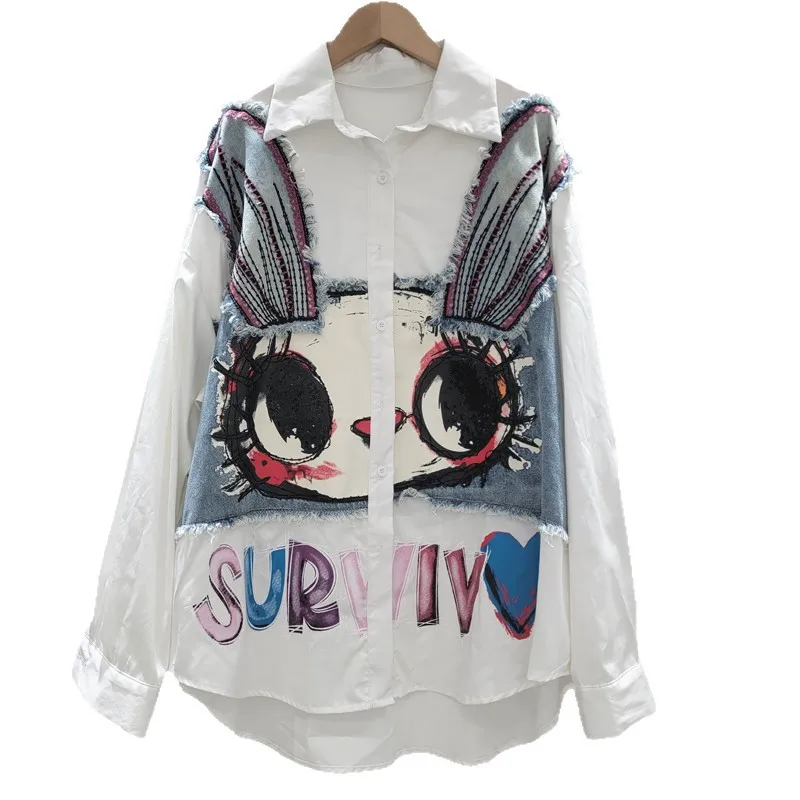 2025 Autumn New Korean Fashion Loose Turn-Down Collar Long Sleeve Shirt for Women Design Sense Denim Patchwork Cartoon Shirt