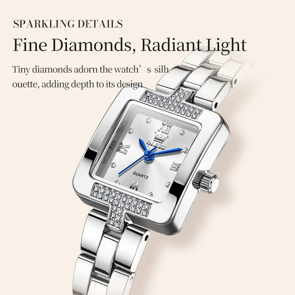 OLEVS 7141 Women's Square Quartz Watch Gold Stainless Steel Bracelet, Rhinestone Roman Dial Fashion Dress Watch for Ladies