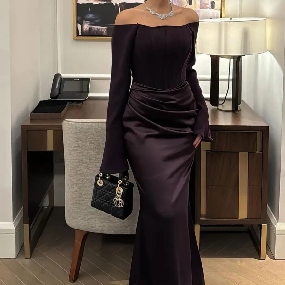 

Customized Jersey Straight Off the Shoulder Evening Dress Strapless Back Slit Floor Length Long Sleeves Photo Color Classic