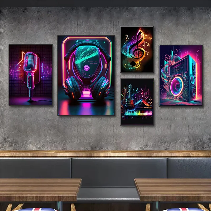 Pop 80S Live Music Neon Punk Poster Aesthetics Dj Guitar Karaoke Headphones Canvas Painting Wall Art Home Room Decor No Lights