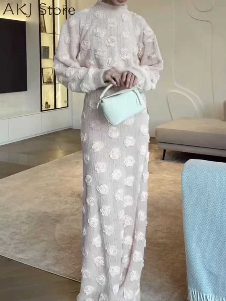 

2 Pieces Skirts Set Floral Long Sleeve Top and Slim Long Skirts Sets