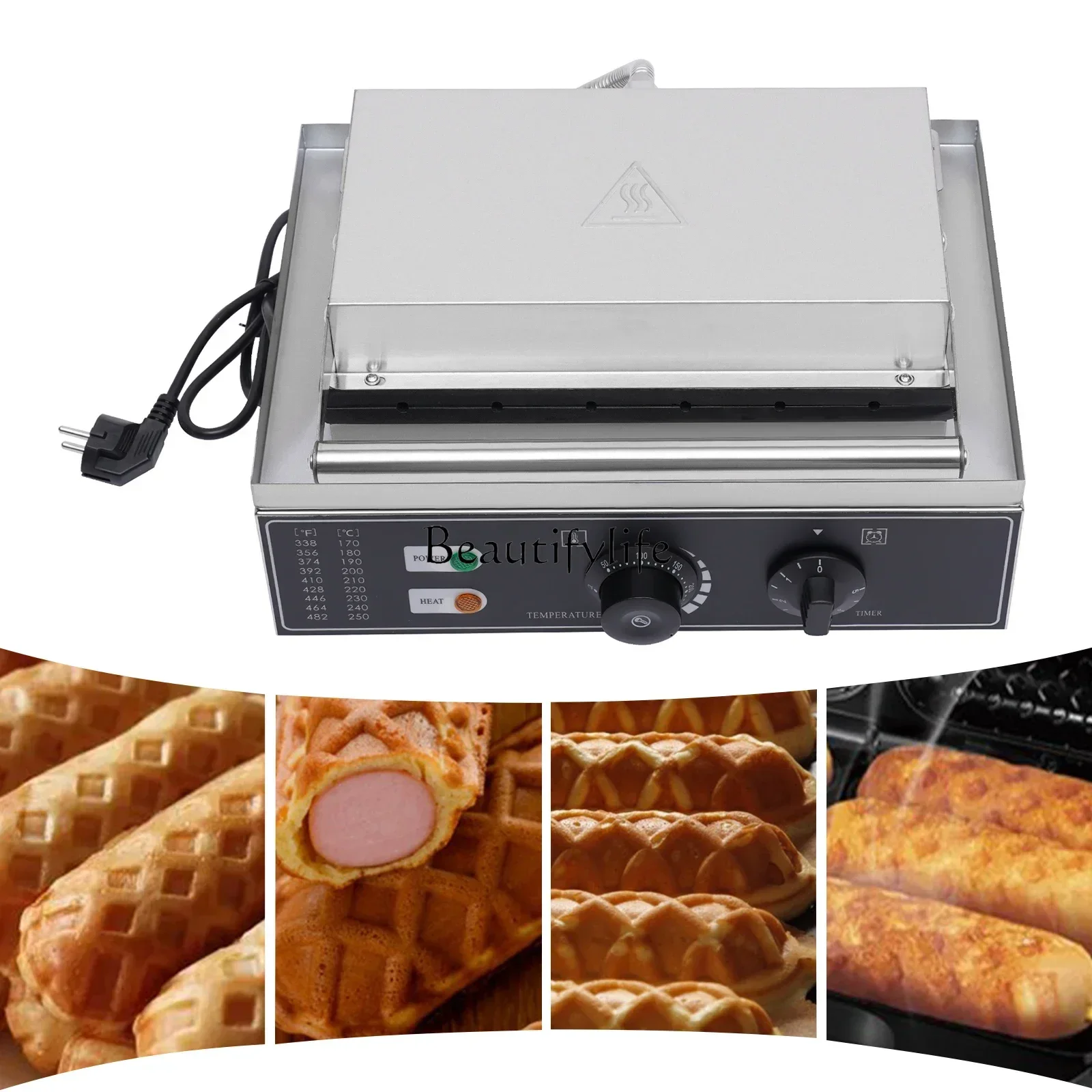 1500W  Hot Dog Machine,6 Molds,with Time and Temp Control Non-stick Waffle Maker Upper and Lower Heating Plates EU 220V