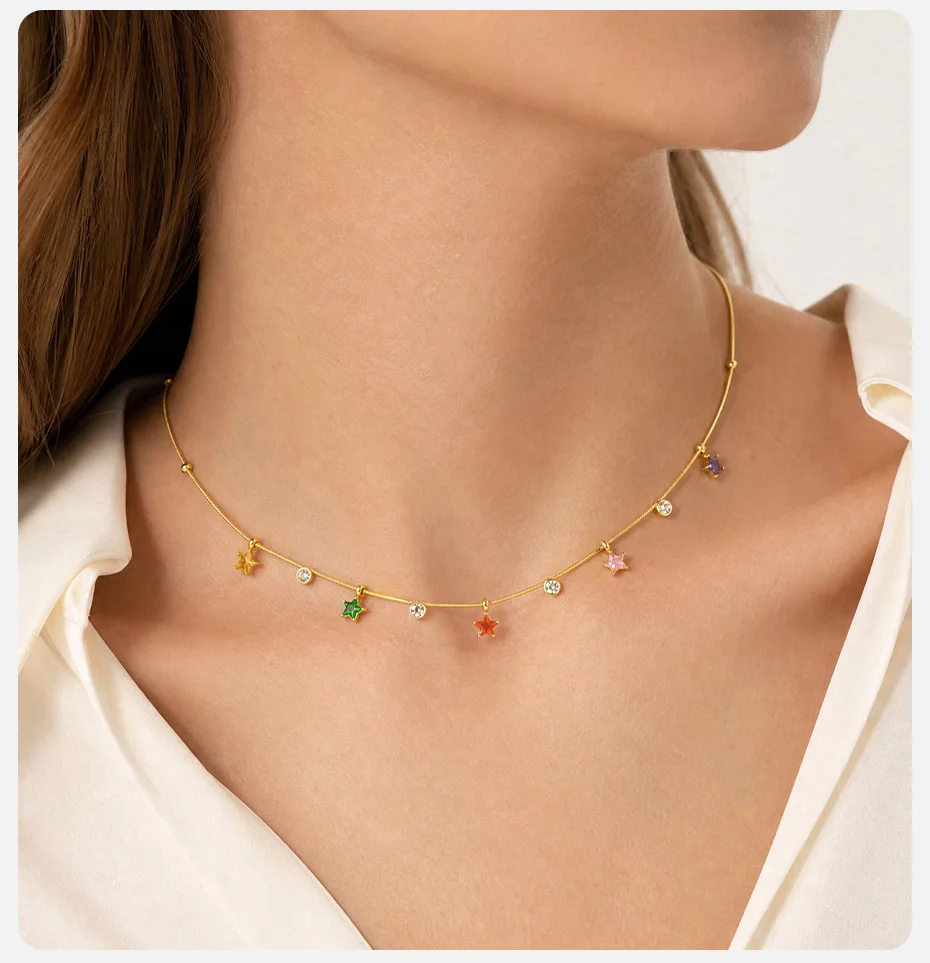 Vnox vergoldete bunte Stern-Zirkonia-Schlangenhalskette für Damen, Edelstahl, süße mehrfarbige Kristalle, zierlicher Halsschmuck – Detail 3