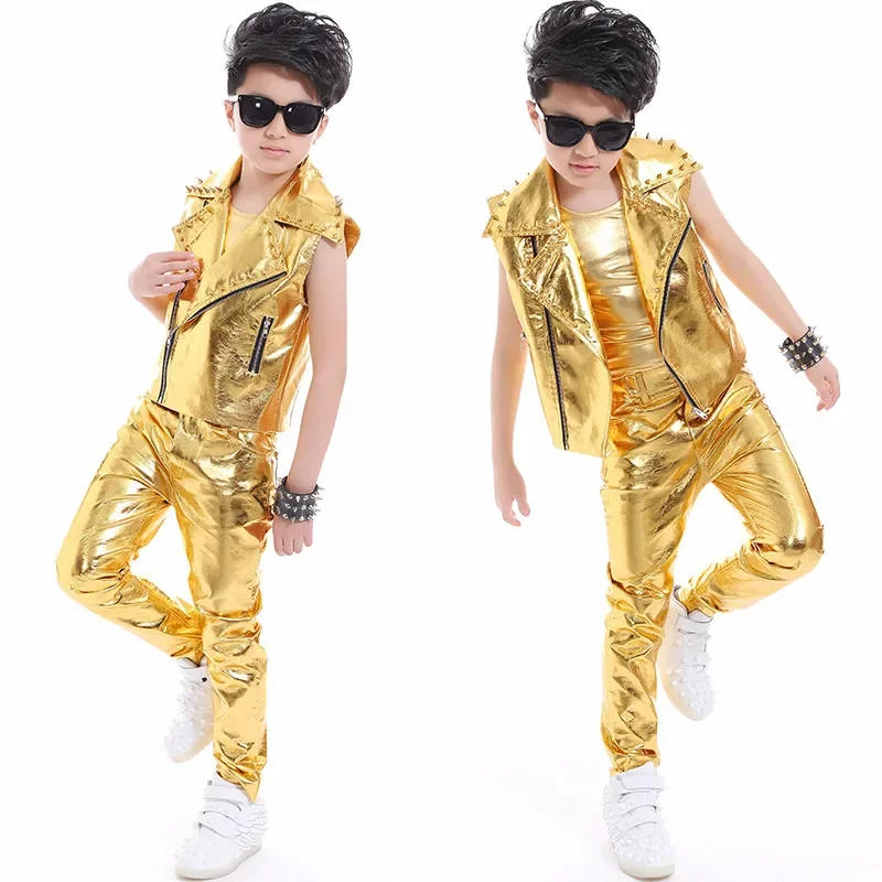 Kinder Jazz Jungen Bühne Gold Kostüm Niet Jacke Weste Hosen Street Dance Outfit Hiphop Moderne Laufsteg Sänger Kleidung DNV14069