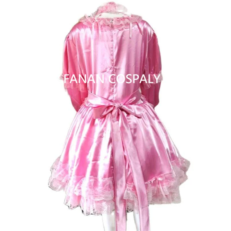 Multicolor Adult Giant Baby Sexy Girl Pink Thin Open Chest Satin Sissy Long Sleeve Dress Maid Role Play Customizable Lockable