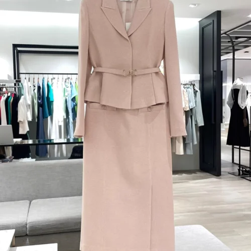 초가을 새로운 패션 허리 장착 슬리밍 자켓 스커트 세트 여성 트위드 스타일 허리띠 겉옷 슬리밍 효과  Best5