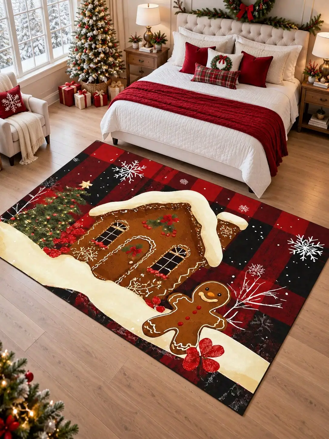 Christmas Rug Gingerbread House Cookies Plaid Living Room Bedroom Entryway Hallway Floor Carpet Gift for Family Friends Neighbors Winter Thanksgiving Birthday Anniversary Housewarming Apartment Cabin Farmhouse Home Styling Sofa Side Reading Nook