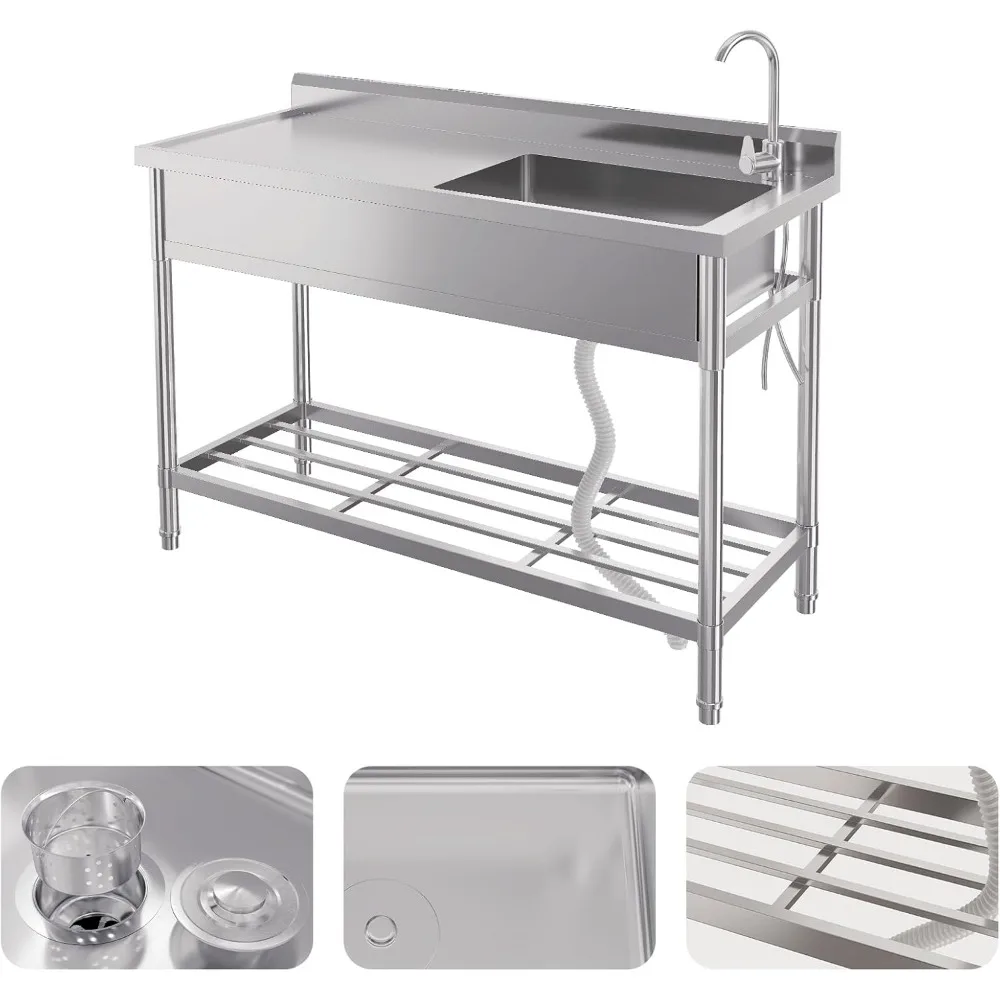 47-Zoll-Freistehendes Waschbecken, Einzelbecken aus Edelstahl mit Kalt-/Warmwasserrohr, Lagerregal, Wasserhahn und verstellbar