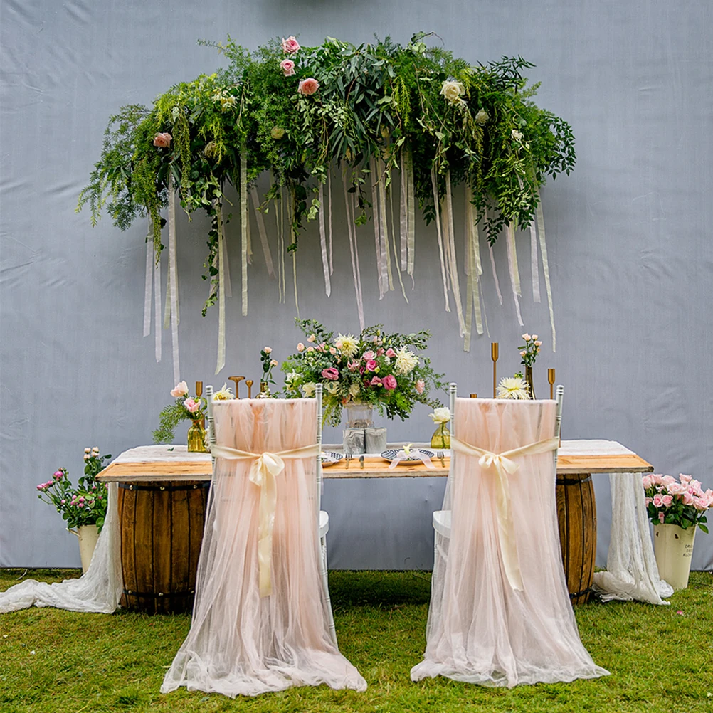 

2Pcs Soft Mesh Chair Cover with Ribbon Tie Easy Install for Home Party Wedding Baby Shower Decoration Use Tulle Chair Cover