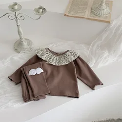 2024 Herfst Nieuwe Baby Lange Mouw Kleding Set Baby Meisje Ruches Kraag Tops 2 Stuks Pak Peuter Bloemen Homewear Outfits