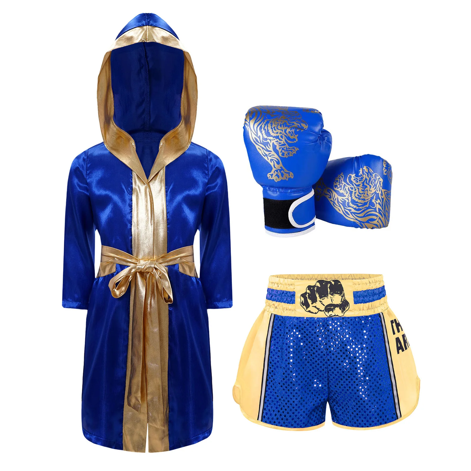 

Boys Girls Boxing Robe Training Outfit Cosplay Costumes Long Sleeve Satin Hooded Robe with Shorts And Gloves for Halloween Party