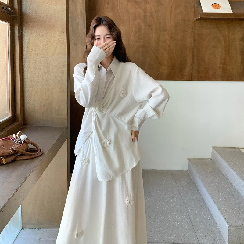 النمط الفرنسي الأنيق قطعتين مجموعة المرأة خريف 2025 جديد ثلاثي الأبعاد زهرة تصميم تحسس أعلى + الرجعية نصف تنورة