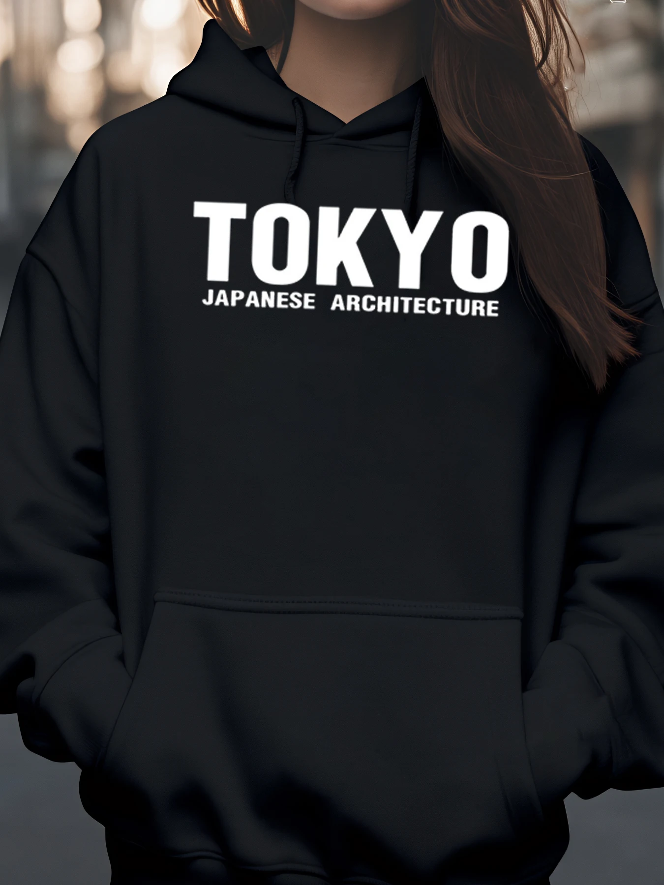 Bluza z kapturem z nadrukiem japońskiej architektury Tokio dla kobiet, styl casual, moda streetwear, odzież w stylu miejskim.