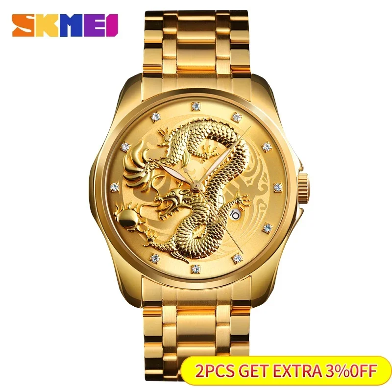 SKMEI 9193 Men 3Bar Waterproof Date Display Stainless Steel Strap Wristwatches Mens Watches Top Brand Luxury Golden Quartz Watch