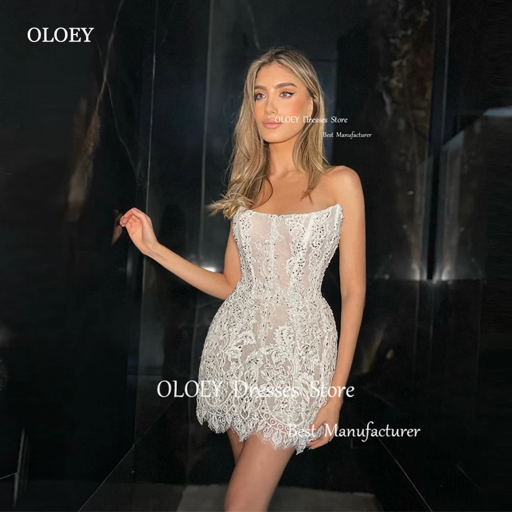 

OLOEY Sexy Short Wedding Party Dresses Lace Beads Strapless Mini Bridal Gowns Prom Gowns Cocktail Dress Summer Beach