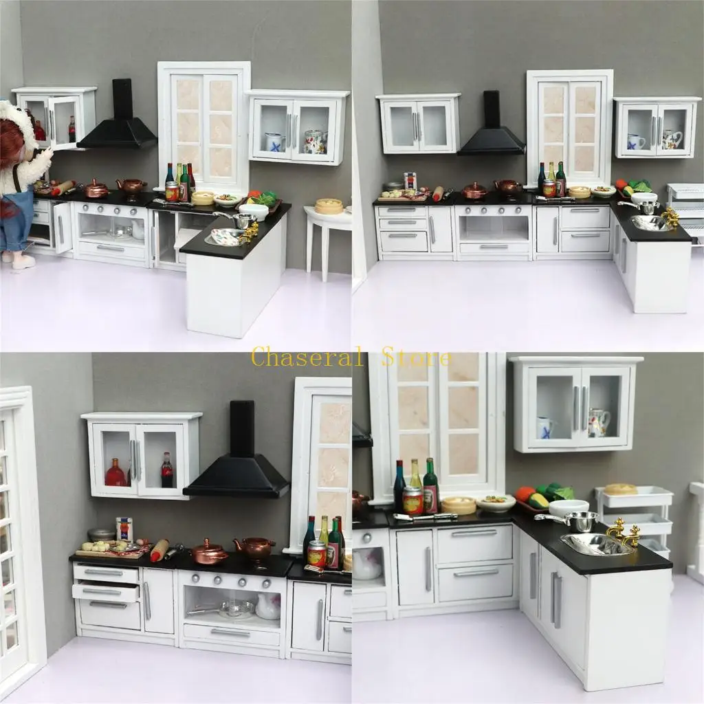 

E7CE Realistic Model House Kitchen Set 7Pcs Oaken Miniature Furniture for Pretend Play
