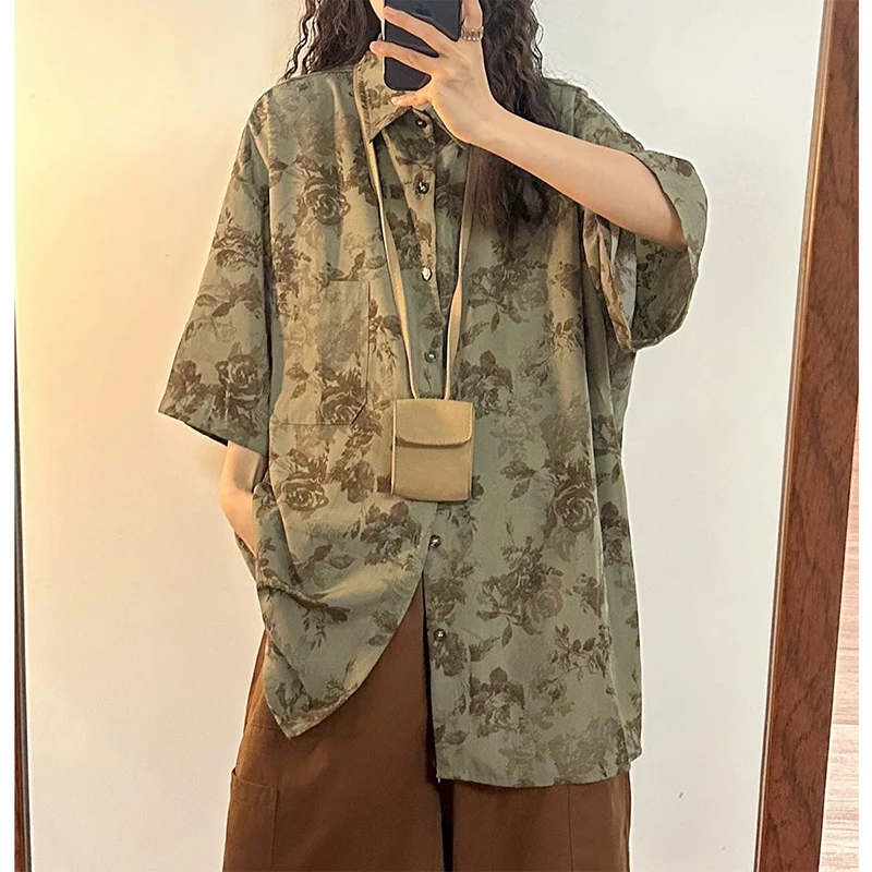 Vintage Chic Print Shirts Spring Summer Lapel Long Sleeve Baggy Floral Tops Bf Harajuku Korean Preppy All Match Chiffon Blouse