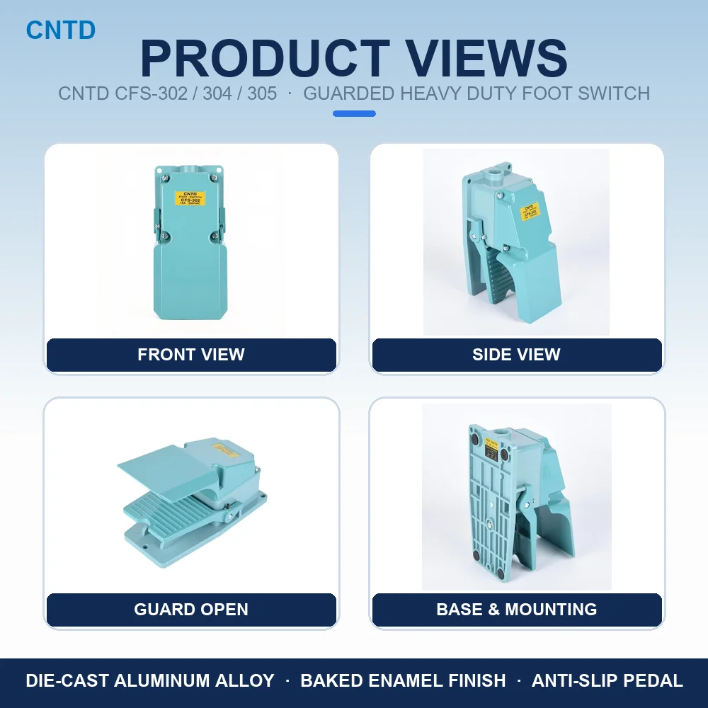 CNTD CFS-302 304 305 Heavy Duty Aluminum Alloy Foot Switch with Guard 15A 250VAC 1NO 1NC 2NO 2NC Momentary Self-Locking CE CCC