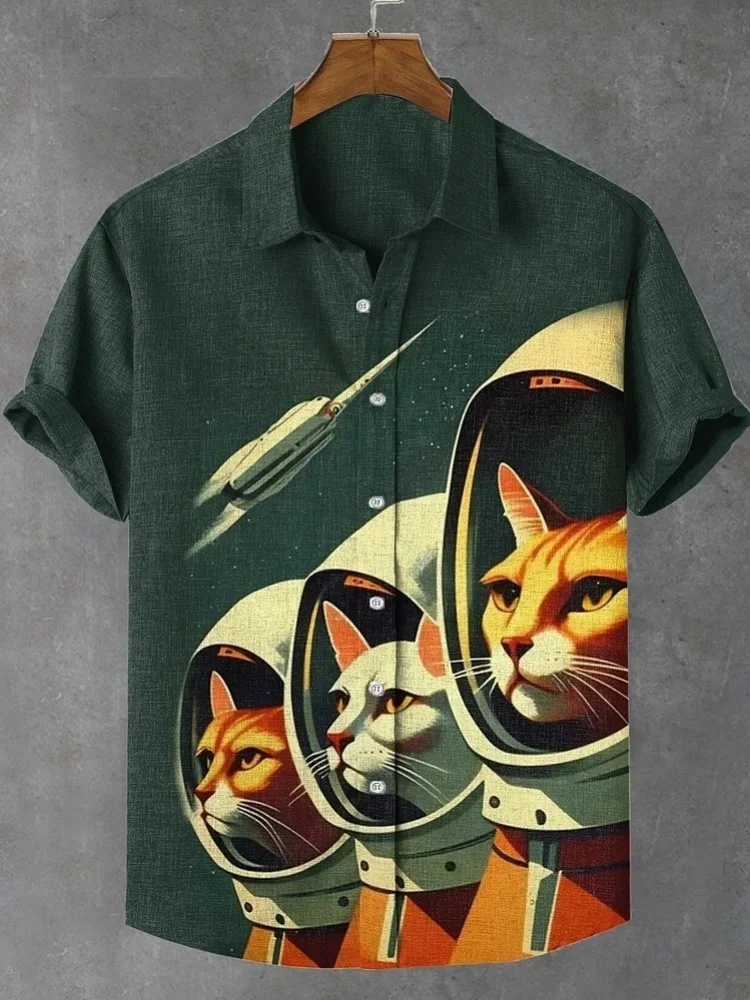 

Men's Retro Future Cat Astronaut Art Print Blend Shirt 2025 Summer Holiday Fashion Loose Short Sleeve Lapel Buttons Chic Tops