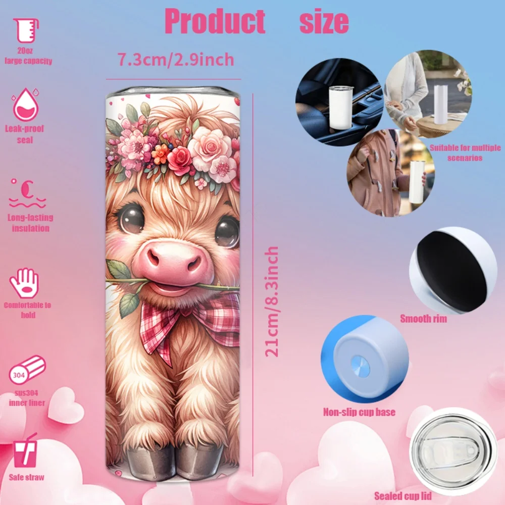 1pc 20oz straw water bottle, insulated stainless steel water cup with a cow wearing a wreath, rose, and heart pattern. view 3