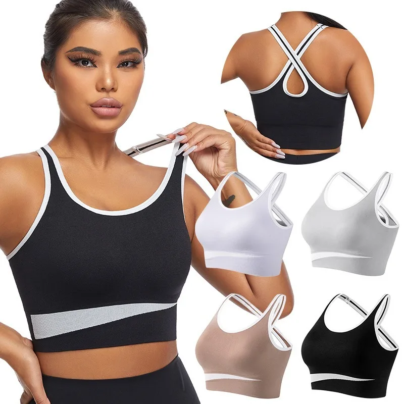 Women Crisscross Back Longline Sports Bra Color Block High Impact Shockproof Wireless Yoga Bra for Gym Running Fitness