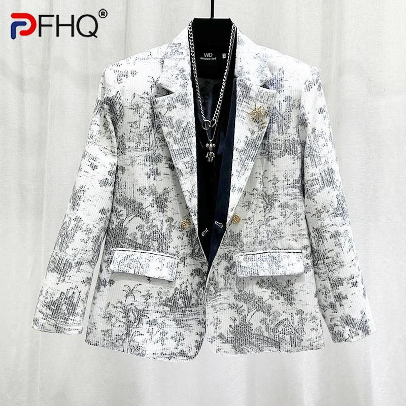 

PFHQ Autumn Winter New Fashion Design Sequin Suit Men's Trendy Printed Loose Casual Jacket 2024 Contrast Color Tops 21Z5953