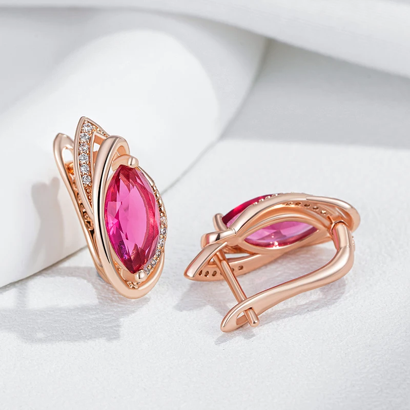 Kinel Hot Red Rhombus Natural Zircon Drop Earrings for Women Fashion 585 Rose Gold Color Vintage Party Fine Daily Jewelry