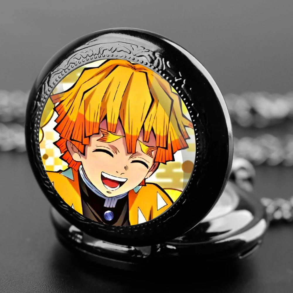 Exquisite Anime Agatsuma Zenitsu Glass Dome Quartz Pocket Watch Arabic numeral Necklace Pendant Gifts For Women Man with Chain