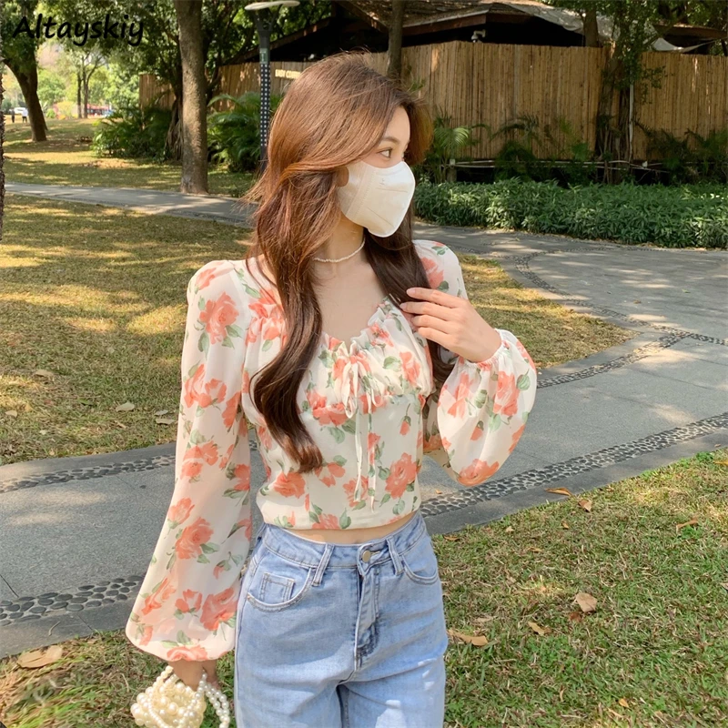 

Blouse Women Sweet Lovely Elegant All-match Shirring Puff Sleeve Floral V-neck Casual Cozy Trendy Fashion Ins Popular Fit Spring