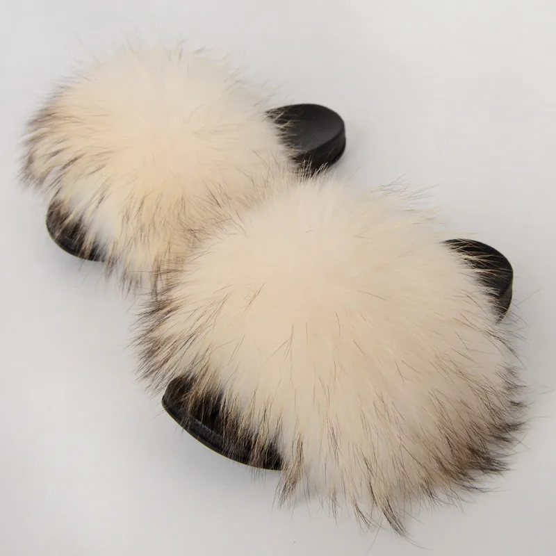 Real Raccoon Fur Slippers Women\'s Summer Fur Slippers Big Size Furry Natural Fur Shoes Beach Plush Sliders Fashion Female Shoes