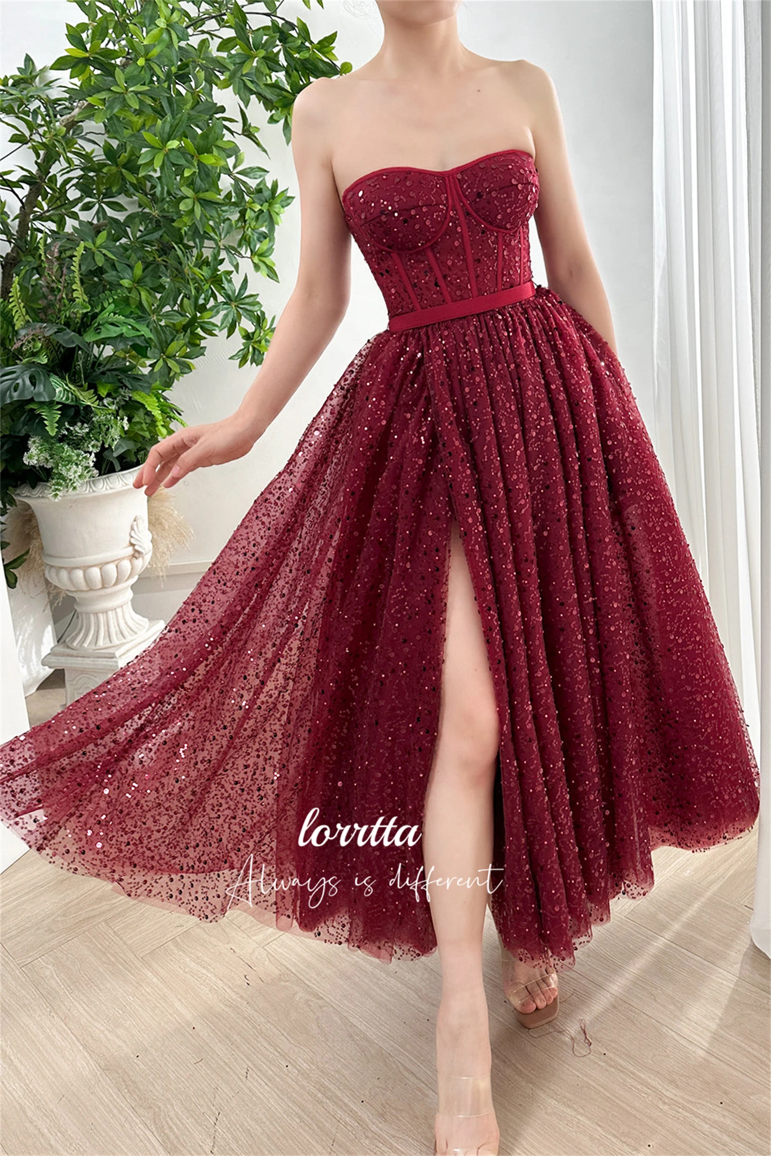 Lorrtta Bead Embroidery Fabric Evening Dress Line A Cocktail Deep Red Medium Length Ball Gown Elegant Party Dresses Woman Prom