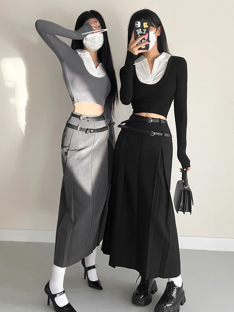 

Women's Grey Long Skirt Y2k Vintage Japanese Harajuku High Waist Pleated Skirt Goth Black A-Line Mini Skirt 2025 Summer Clothes