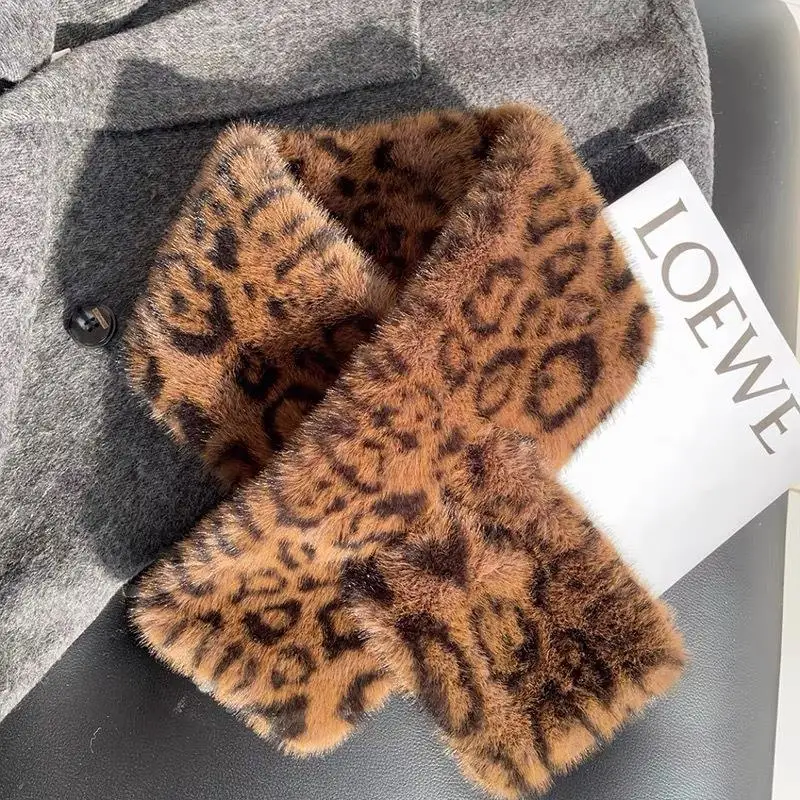 

Зимний теплый меховой шарф с леопардовым принтом, зимний утолщенный плюшевый шарф с перекрестным воротником, ветрозащитные шарфы из искусственного меха, мягкие пушистые теплые шарфы для шеи