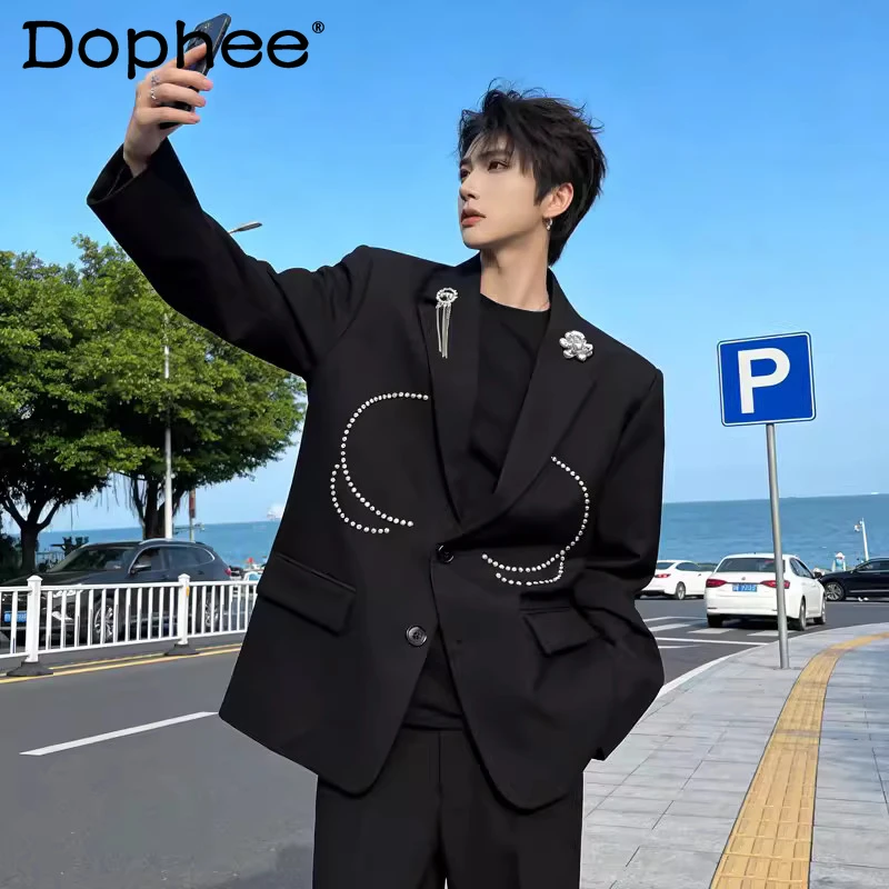 

Men's 2026 Spring New Light Luxury Blazers Tassel Rhinestone Rivet Decoration Long Sleeve Tailored Coats High-end Suit Jackets