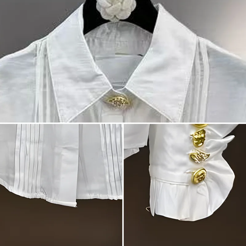 KBQ Solido Impiombato Fibbia In Metallo Camicie Casual Allentate per Le Donne Risvolto Manica Lunga Patchwork Pieghe Design Senso Camicetta Femminile Nuovo