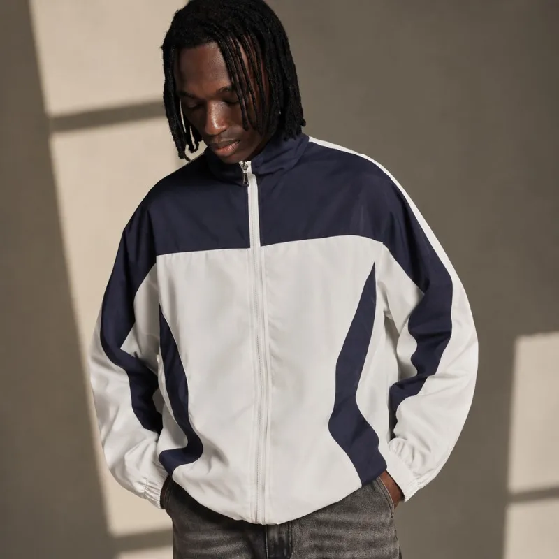 UETEEY Color Block Jacket Men Stand Collar Full Zip Cuffs Loose Drop Shoulder Sports Casual Long Sleeve Outerwear for Man
