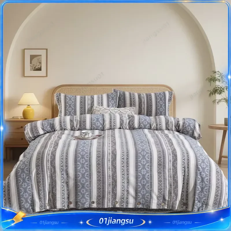 Double Layer Yarn 100% Cotton Bedding Set Bohemian Print Duvet Cover Fitted Sheet Pillowcases 4Pcs Soft Cozy Home Textile