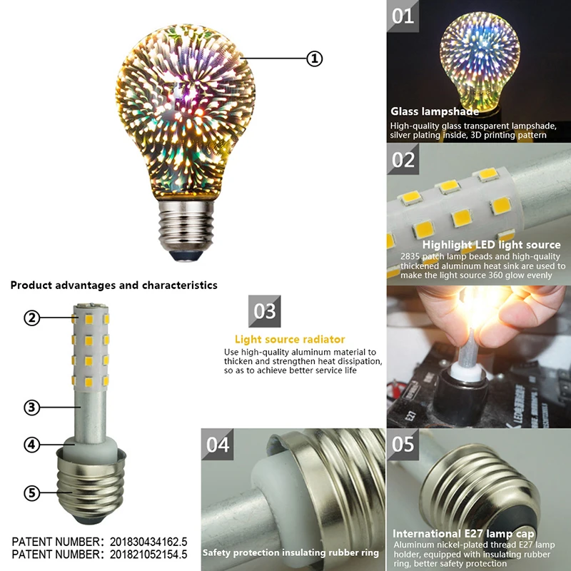 E27 LED ตกแต่ง3D 1ชิ้นหลอดไฟเอดิสันแบบโบราณ4.5W 85-265V โคมไฟดอกไม้ไฟรูปดาวสำหรับประดับต้นคริสต์มาส