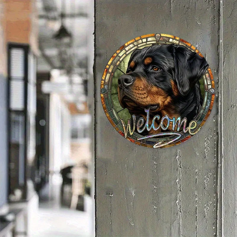 Aluminum Spring Metal Sign Rottweiler Theme Decoration Faux Stained Glass Round Decor Sign Dormitory Decor Mother\'s Day Gifts