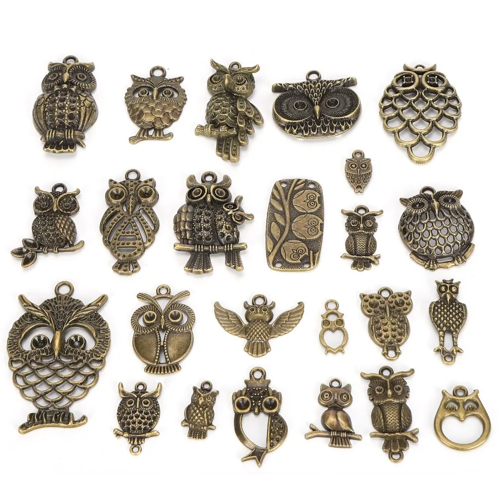 24pcs Jewelry Tools Bronze Owl Jewelry Accessories Alloy Mixed Models Owl Pendants Animal Bird Charms DIY Crafting