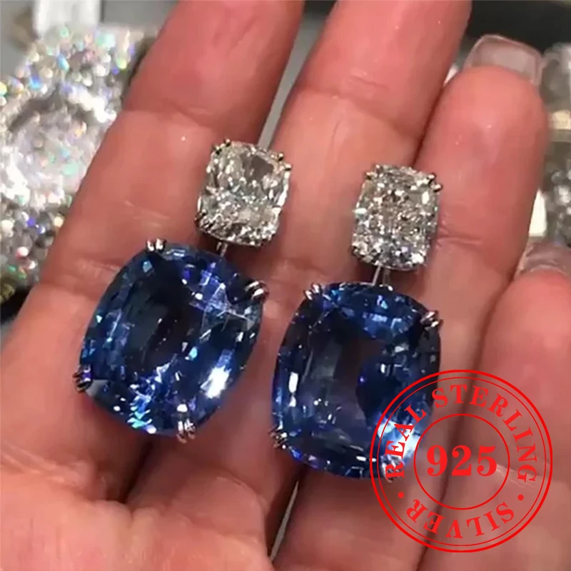 Huitan-pendientes colgantes de Plata de Ley 925 con corte de cojín azul para mujer, dijes, joyería de lujo para boda, accesorios para Swanking