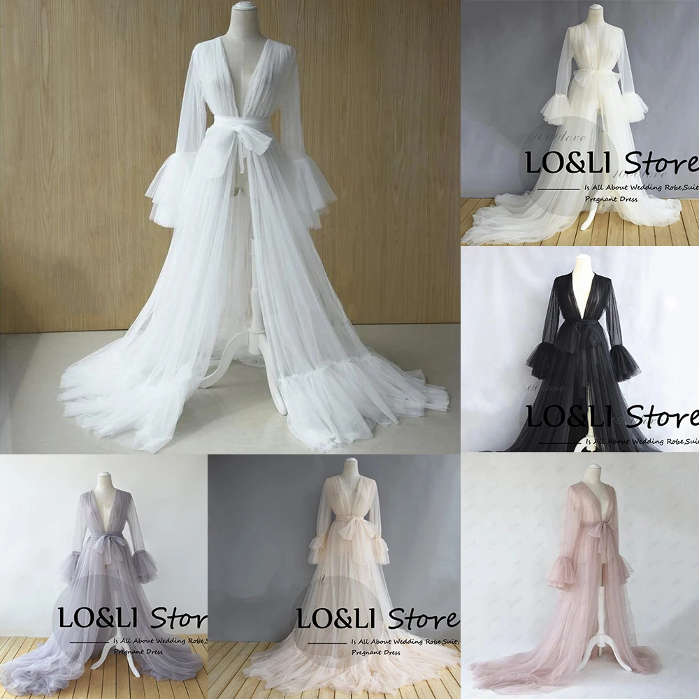 

LO&LI See Through Maternity Robes for Photo shoot Woman Custom Wedding Dress Baby shower Sheer Long Dress Fluffy Bridal Robe