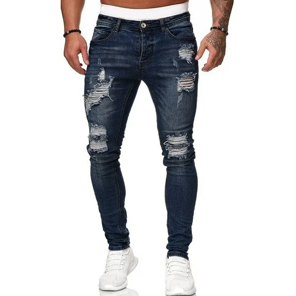 2025 new men's jeans casual slim fit small footed men's perforated pants versatile