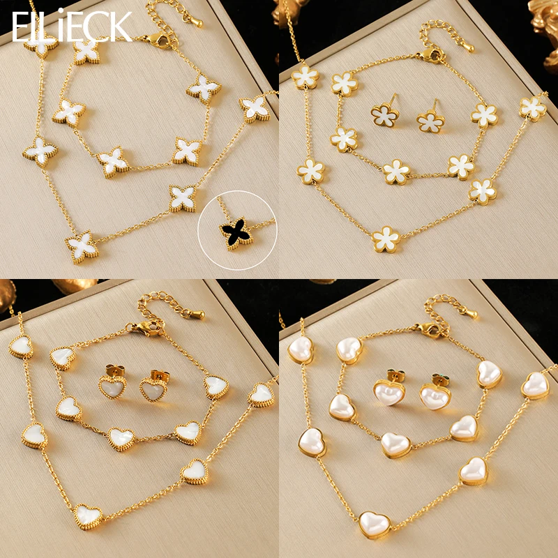 

EILIECK 316L Stainless Steel White Flowers Pearl Heart Necklace Bracelet Earrings Set For Women Fashion Waterproof Jewelry Gift
