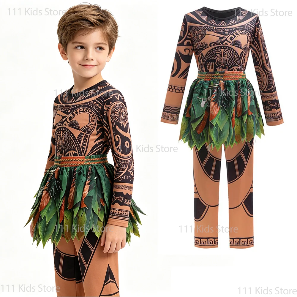 

Костюм для косплея Мауи для мальчиков, подарок на день рождения, детский костюм с принтом татуировок в стиле первобытного племени из фильма «Моана», комплект из 2 предметов: топ и брюки.