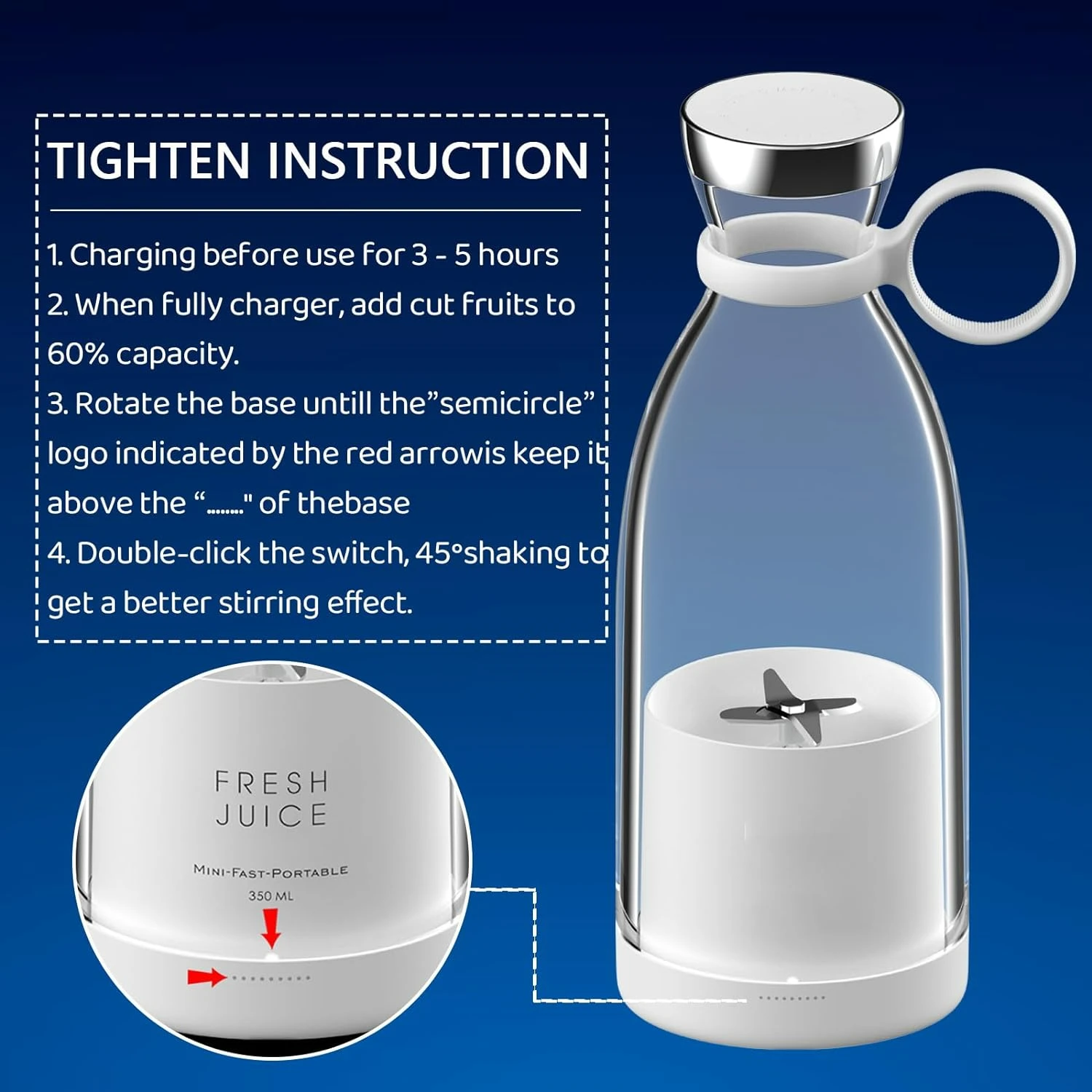 White Rechargeable Portable Blender with 4 Blades, Compact Small Blender for Smoothies and Shakes, Personal Blender with Travel